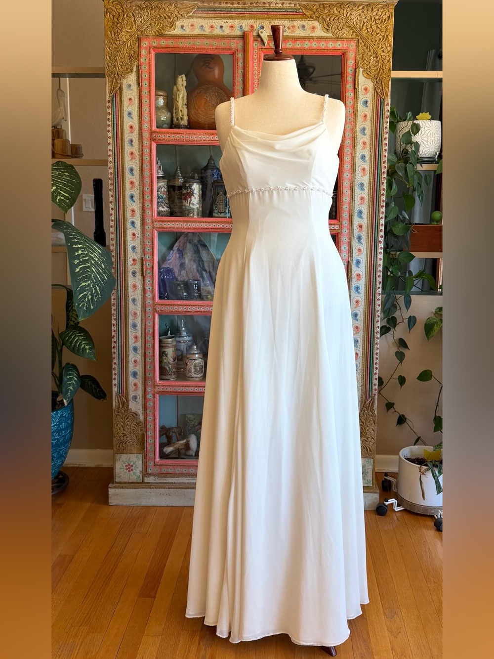 Venus Extra Long Bridal Gown Ivory w/Beaded Empire Waist & Beaded Straps Size 12